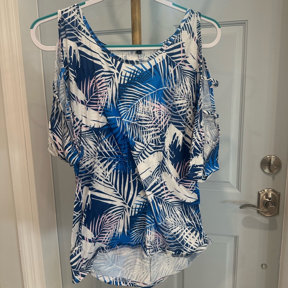 Blue and White Palm Print Women's Top
